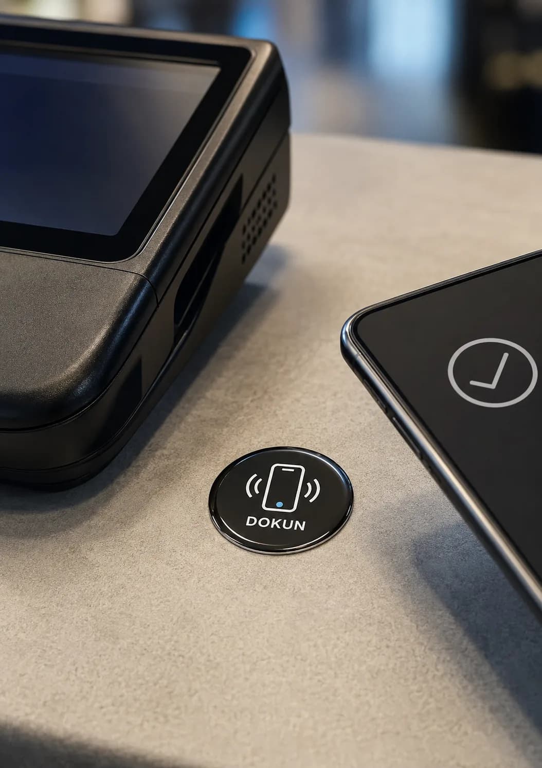 POS cihazı yanında duran yuvarlak NFC dokun etiketi