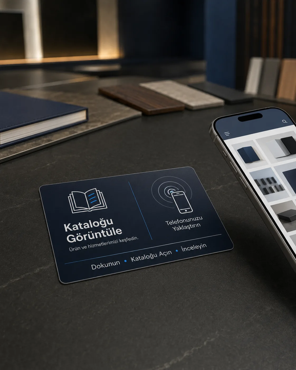 Showroom masasında duran NFC katalog kartı