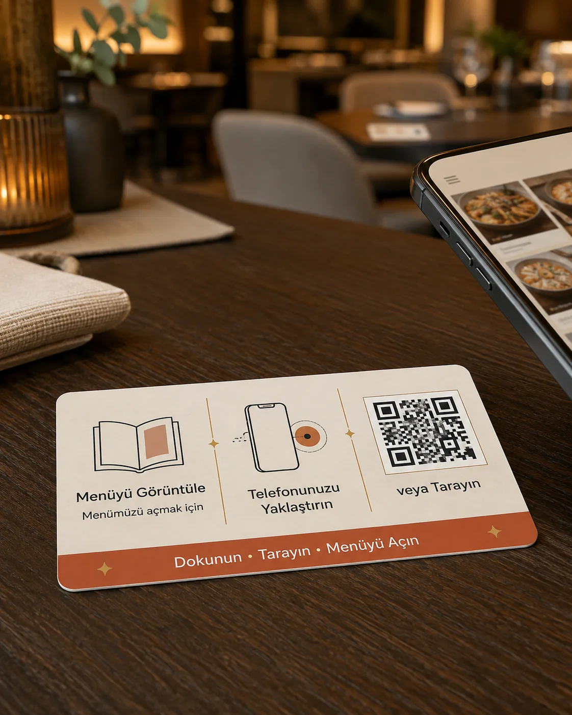 Restoran masasında duran NFC menü kartı