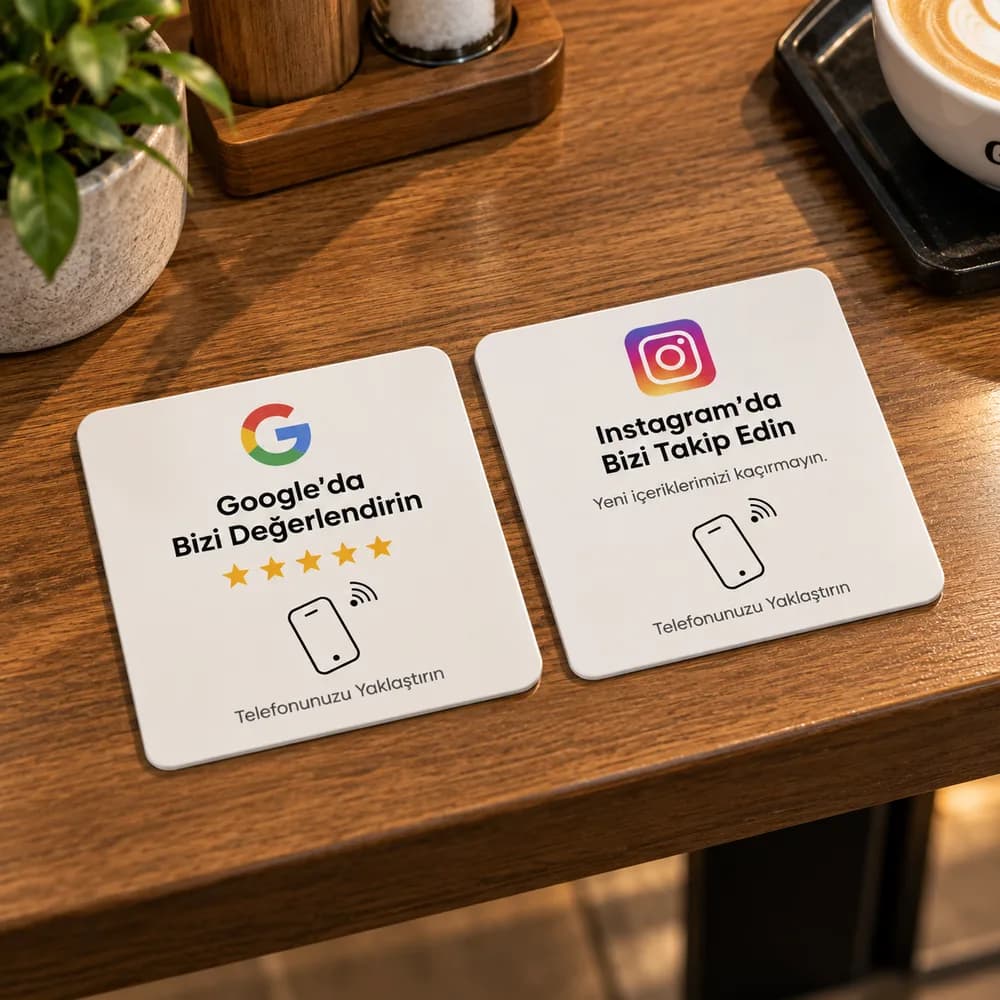 Yan yana duran NFC Google yorum ve Instagram takip kartları