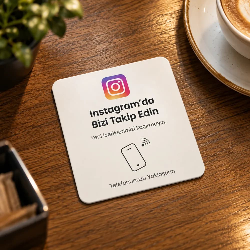 Tezgâh üstünde duran NFC Instagram takip kartı