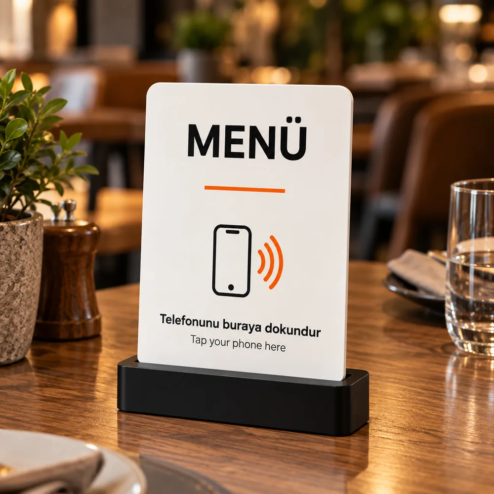 Restoran masasında duran NFC menü kartı