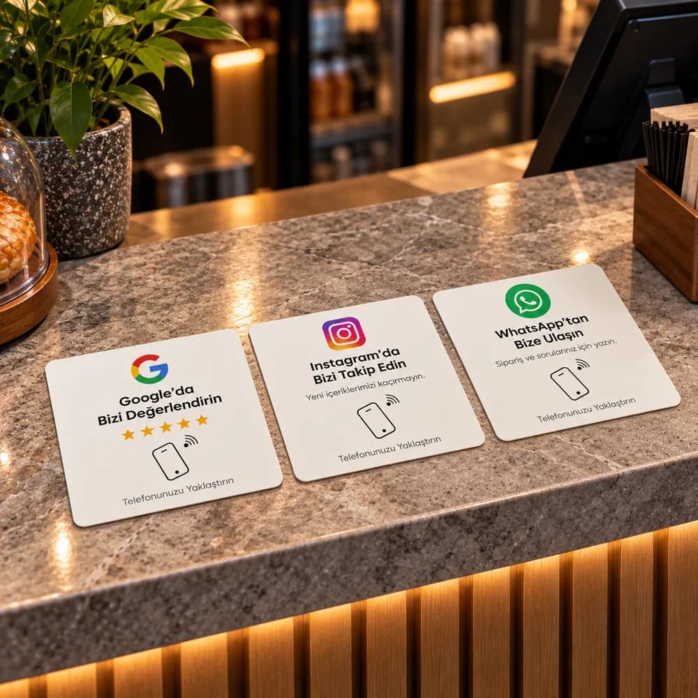 Yan yana duran NFC Google, Instagram ve WhatsApp kartları