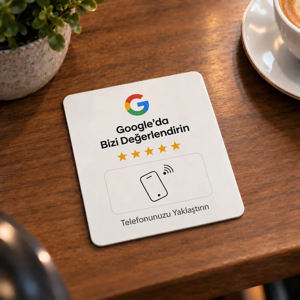 Tezgâh üstünde duran NFC Google yorum kartı