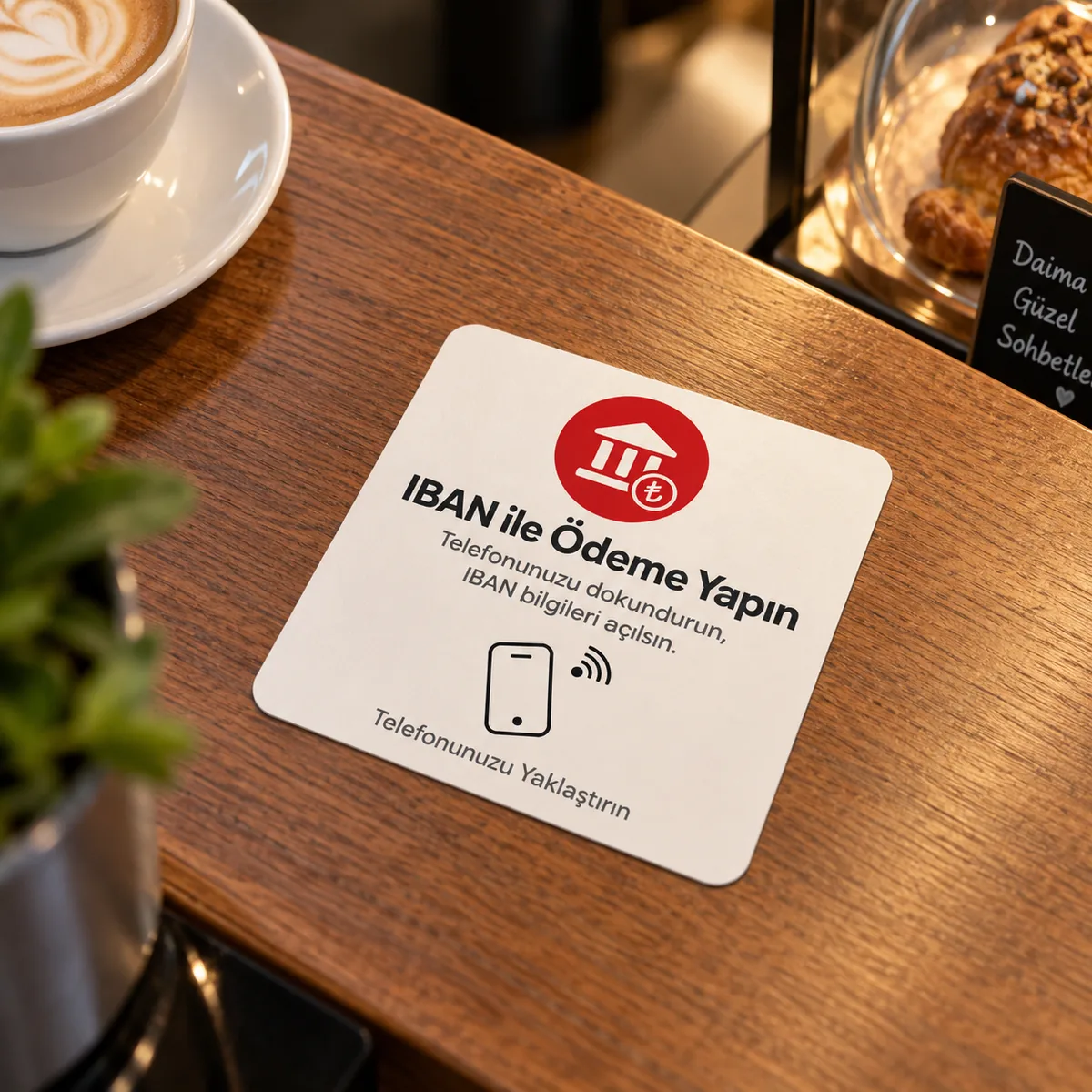 Tezgâh üstünde duran NFC IBAN ödeme plakası