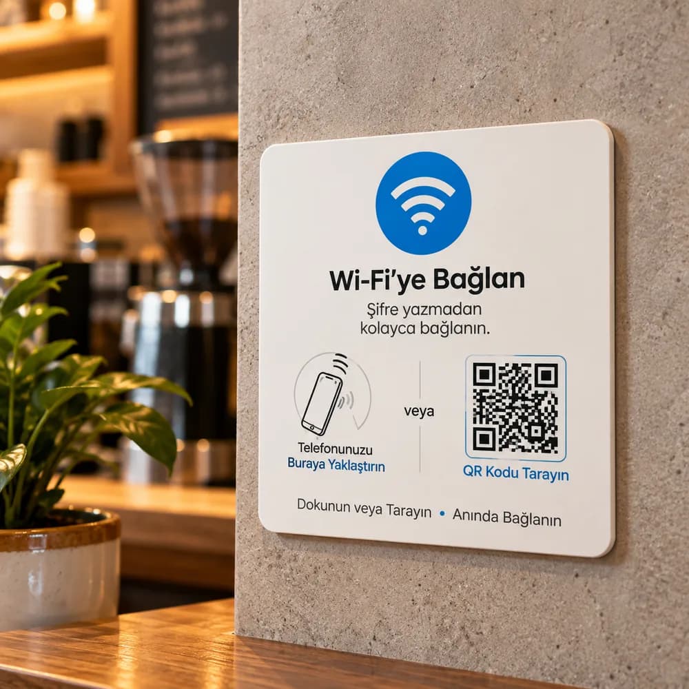 Duvara monte NFC ve QR Wi-Fi bağlantı plakası