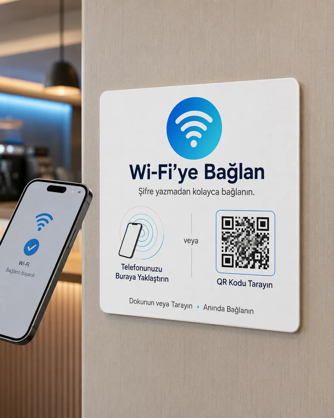 Duvara monte NFC ve QR Wi-Fi bağlantı plakası